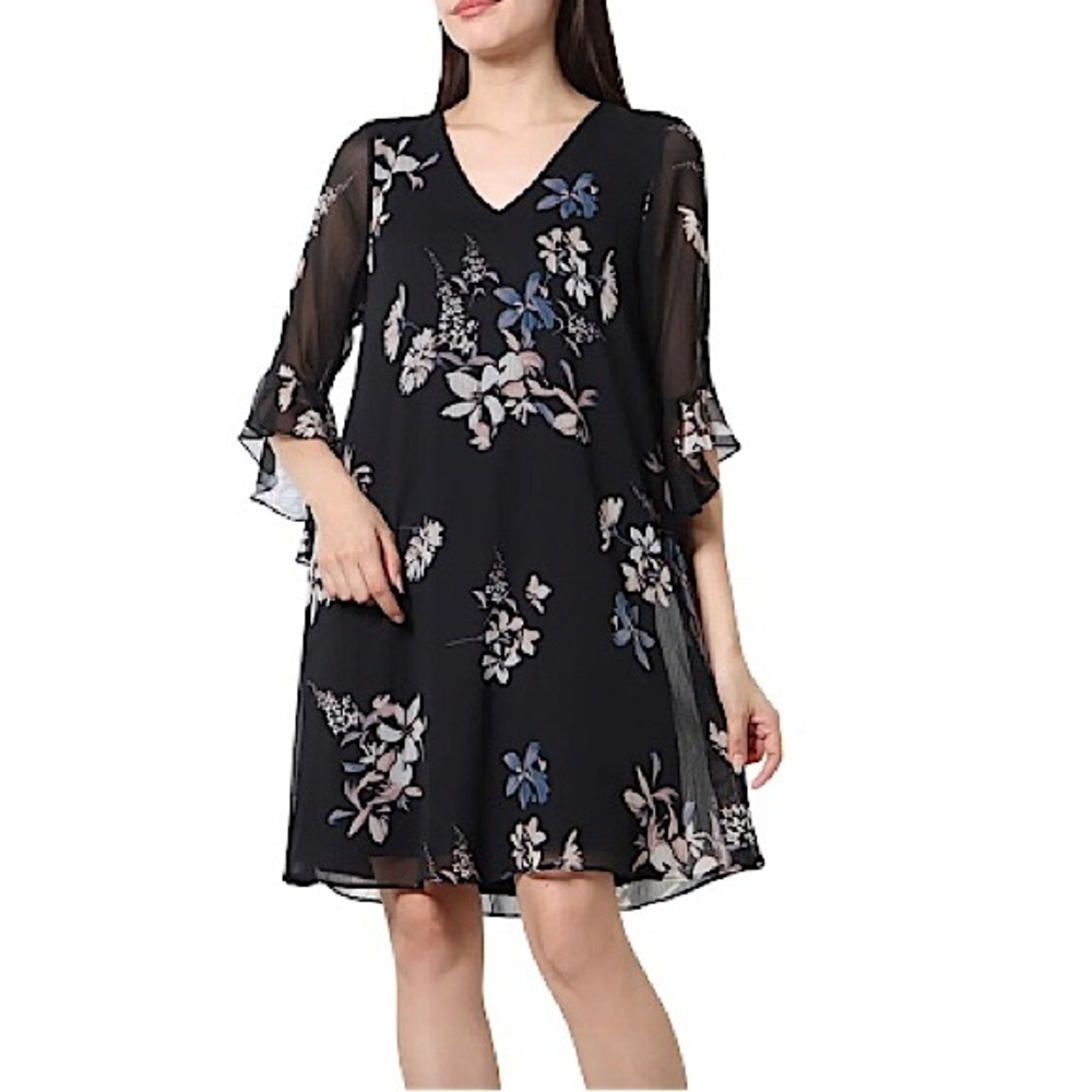 CALVIN KLEIN Women's Black Floral 3/4 Sleeve V Neck Chiffon Shift Dress Size 8